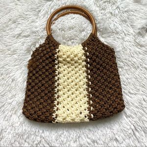 Vintage 1970s Color block crochet wood hoop handle handbag